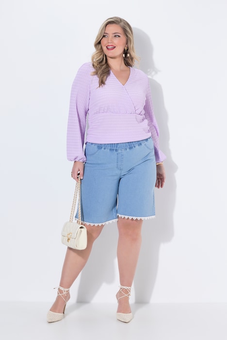 Lace Trim Stretch-Fit Denim Bermuda Shorts