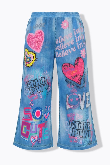 Graffiti Print Denim-Look Elastic Waist Culottes