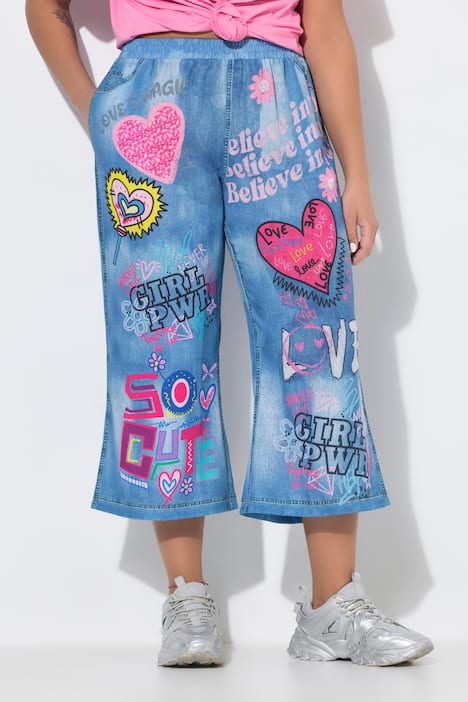 Graffiti Print Denim-Look Elastic Waist Culottes