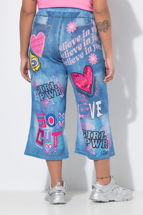 Graffiti Print Denim-Look Elastic Waist Culottes