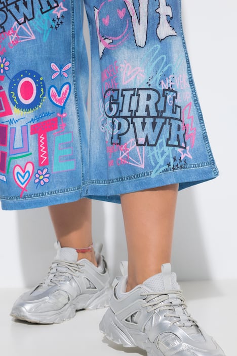 Graffiti Print Denim-Look Elastic Waist Culottes