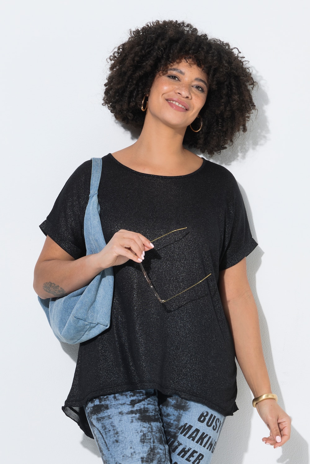 Strickshirt, Comfort Fit, Silberdruck, Halbarm