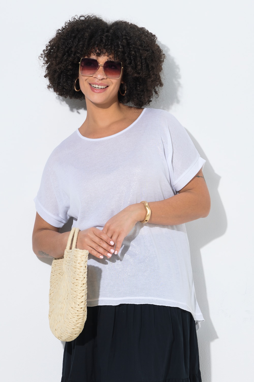 Strik-T-shirt, comfort fit, sølvprint, kortærmet