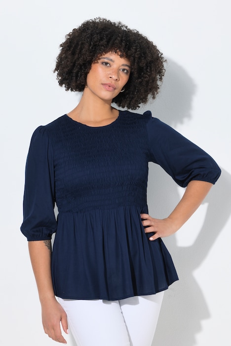 Bluse, A-Linie, Smok-Büste, 3/4-Ärmel, Volant