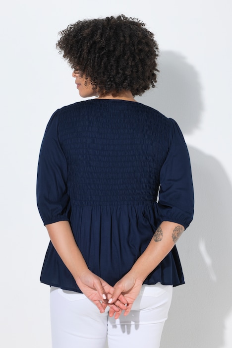 Bluse, A-Linie, Smok-Büste, 3/4-Ärmel, Volant