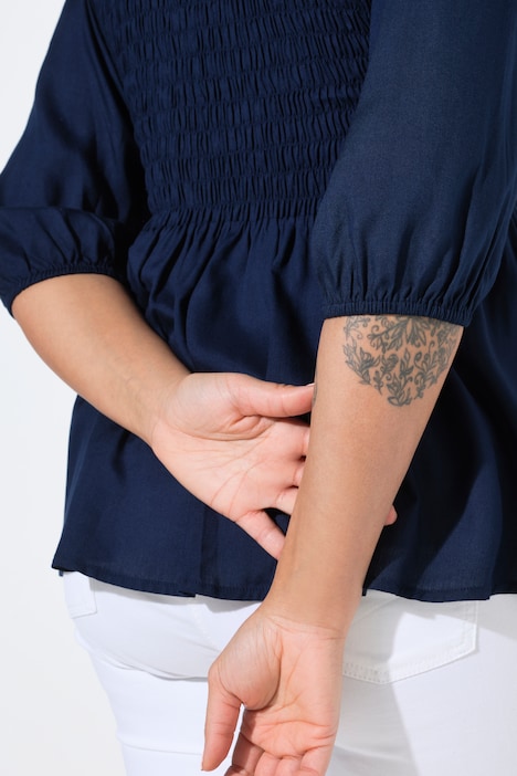 Bluse, A-Linie, Smok-Büste, 3/4-Ärmel, Volant