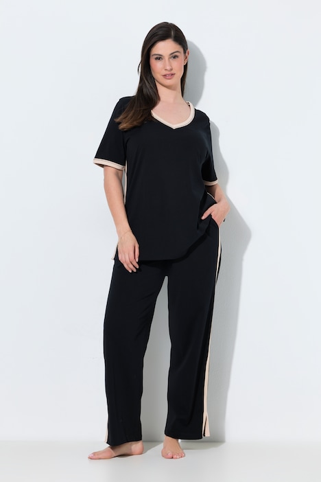 Pyjama, Seitenstreifen, V-Ausschnitt, Halbarm