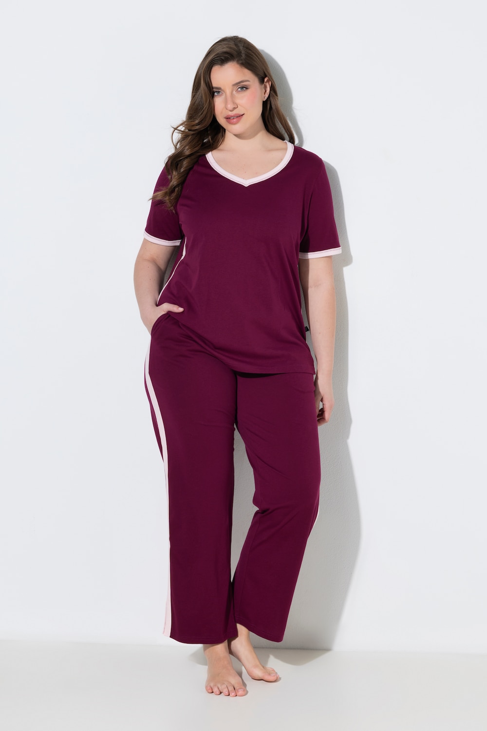 Pyjama, Seitenstreifen, V-Ausschnitt, Halbarm