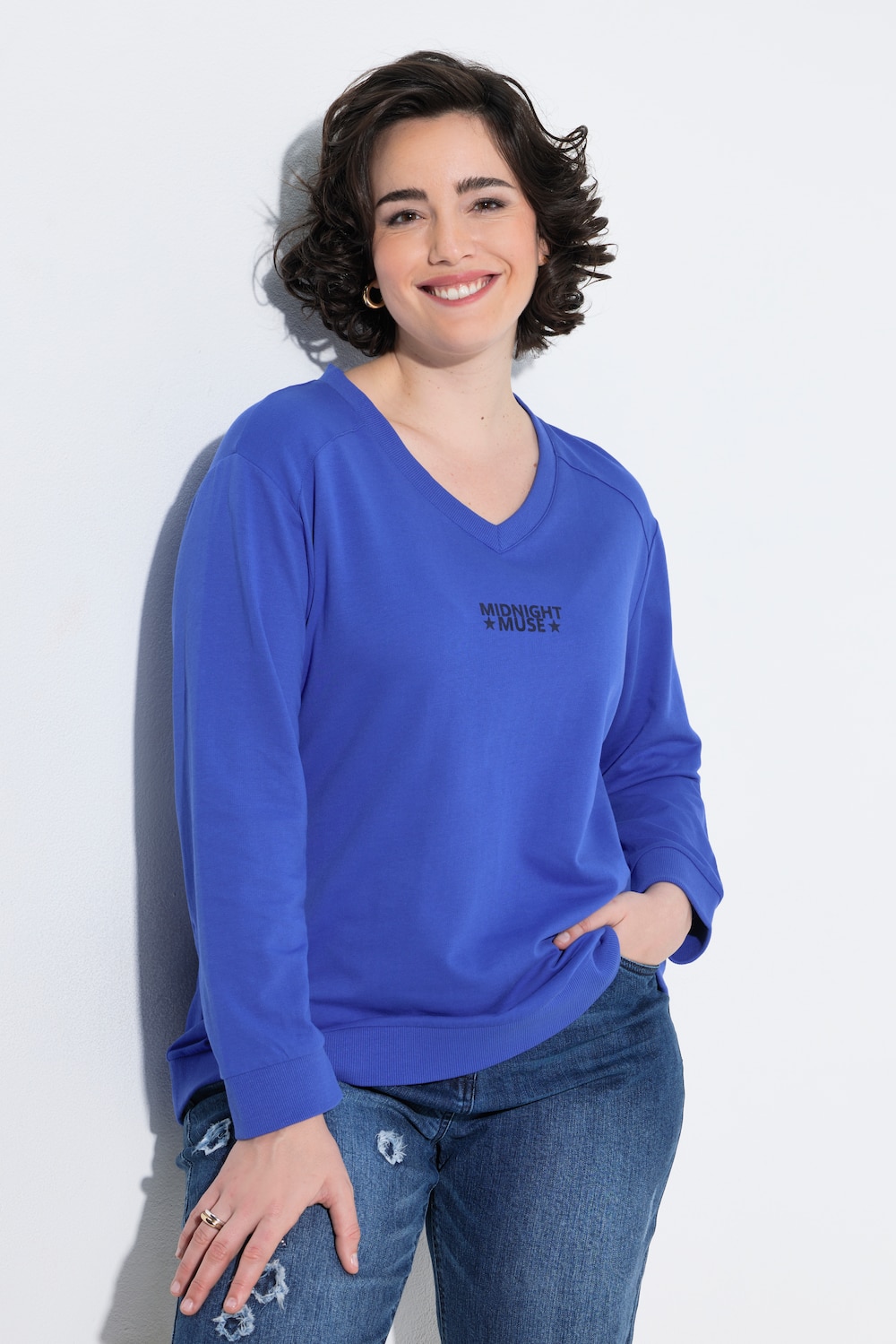Sweater, Schriftmotiv, V-Ausschnitt, Langarm