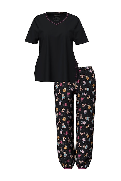 Pyjama, Stickerei, V-Ausschnitt, Halbarm