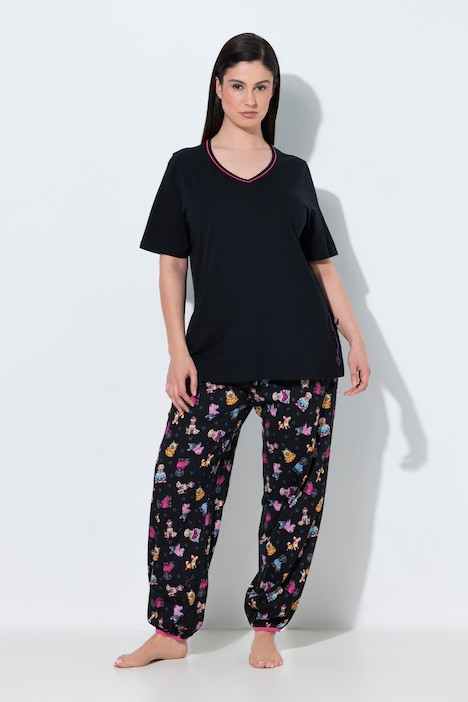 Pyjama, Stickerei, V-Ausschnitt, Halbarm