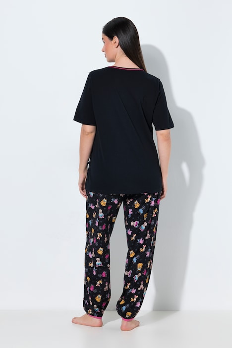 Pyjama, Stickerei, V-Ausschnitt, Halbarm