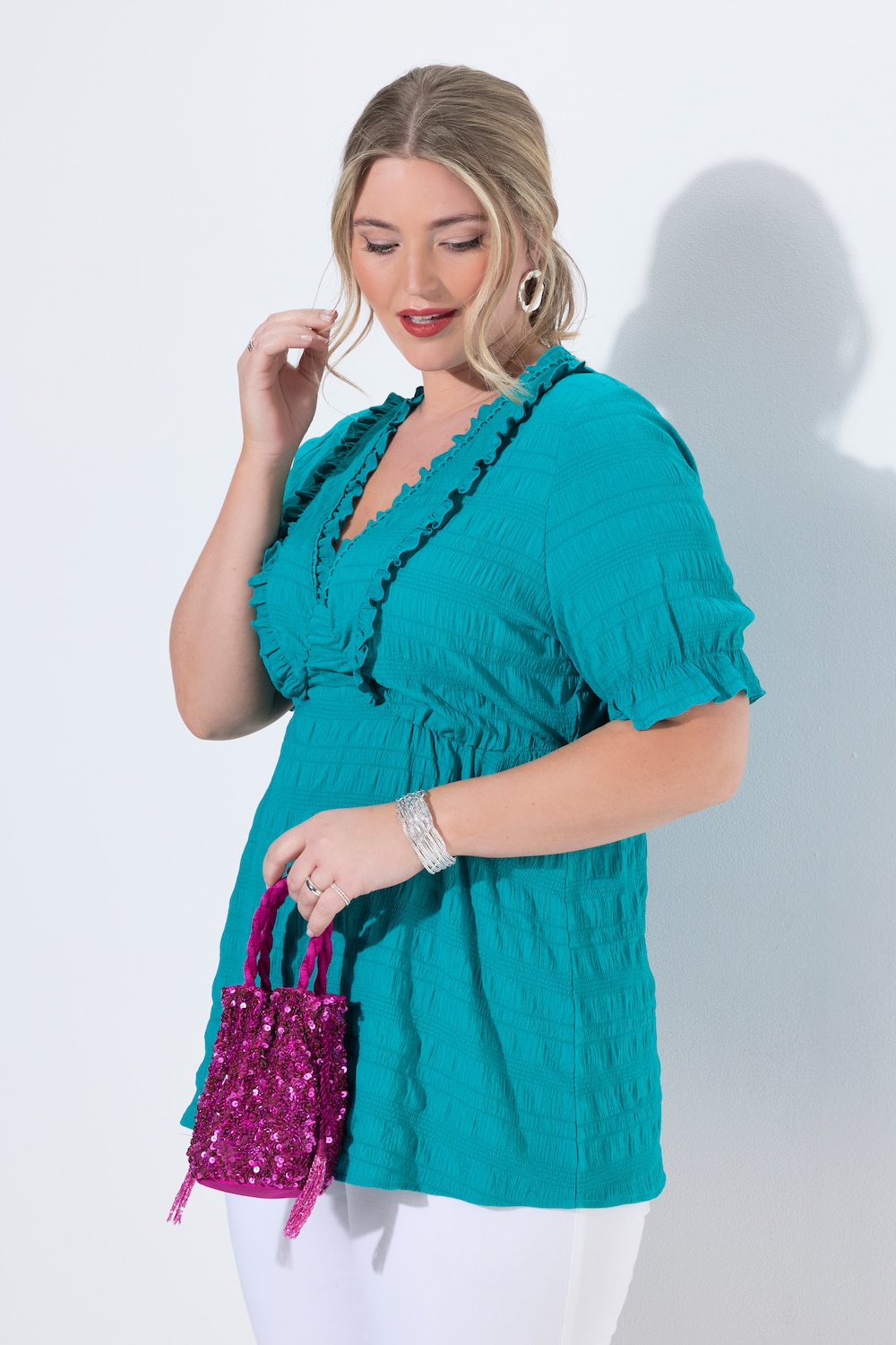 Bluse, A-Linie, Rüschen, Halbarm