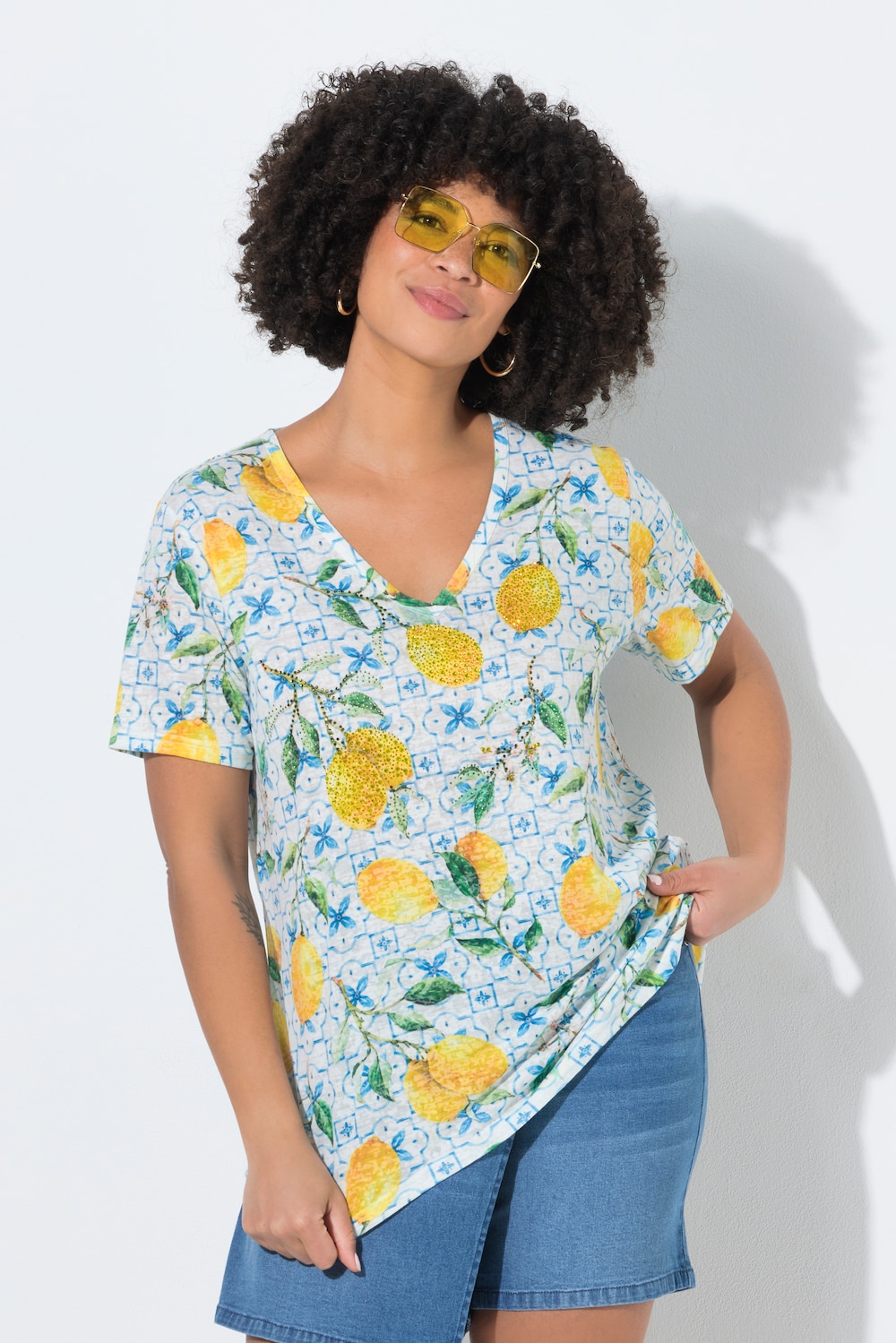 T-Shirt, A-Linie, Zitronenmuster, Halbarm