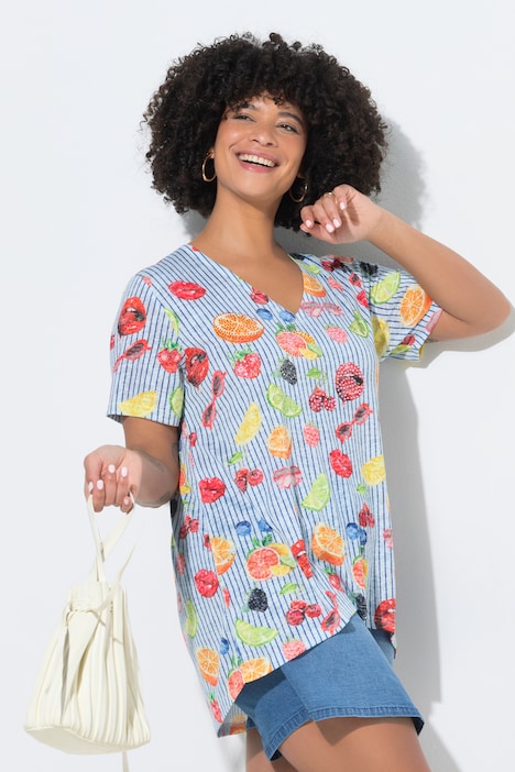 Camiseta, corte en A, estampado de frutas, media manga