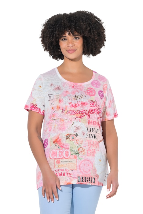 Tričko, komfortní střih, motiv se smajlíkem a květinami, krátké rukávy