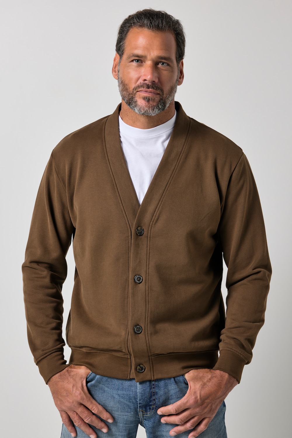 Sweatjacke, V-Ausschnitt, Knopfleiste, bis 8 XL