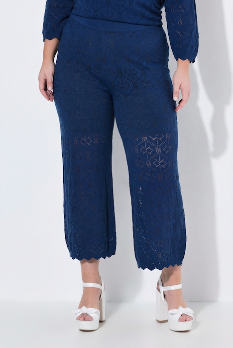 Culotte, weites, gerades Bein, Ajour-Strick, Elastikbund