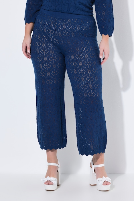 Culotte, weites, gerades Bein, Ajour-Strick, Elastikbund