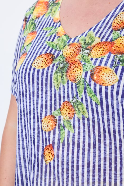 T-shirt, taglio svasato, righe, stampa limoni e strass