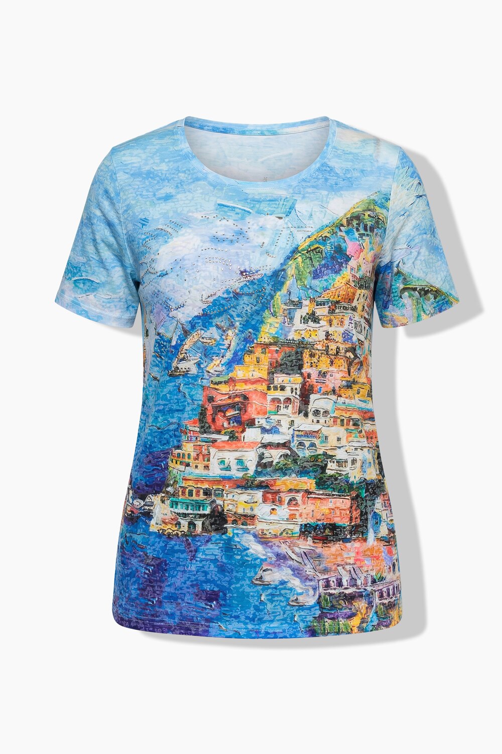 Stora storlekar T-shirt i skön passform med holiday-motiv och kort ärm, Dam, blå, storlek: 58, Polyester/Viskos, Mia Moda