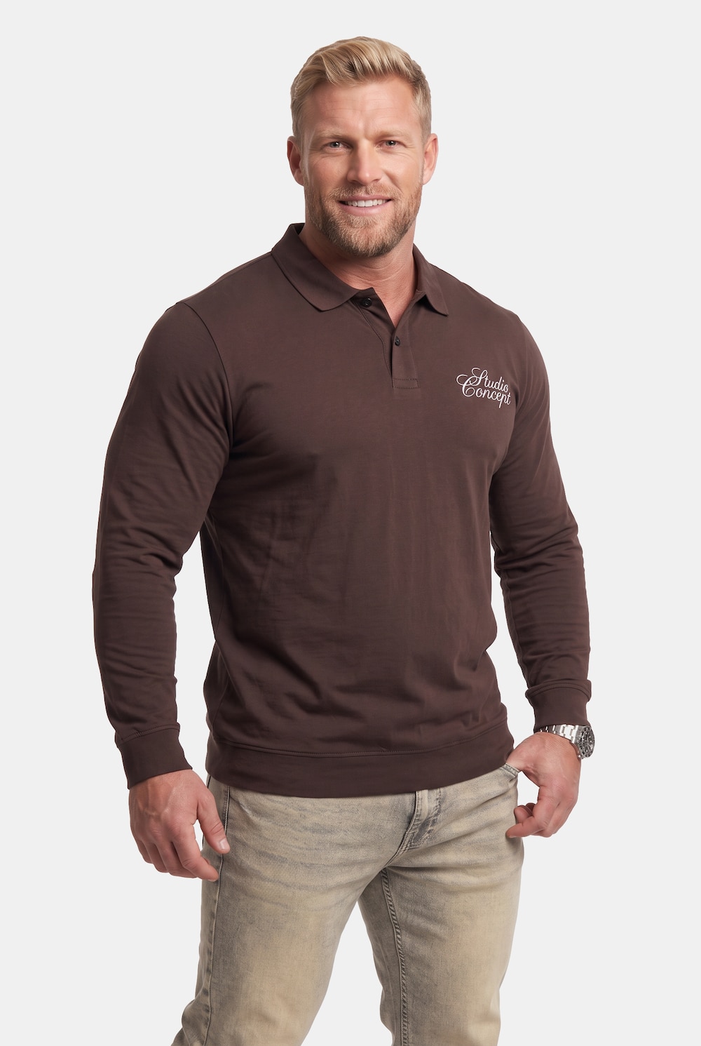Men+ langermet poloskjorte, romslig passform, trykk, opptil størrelse 8XL