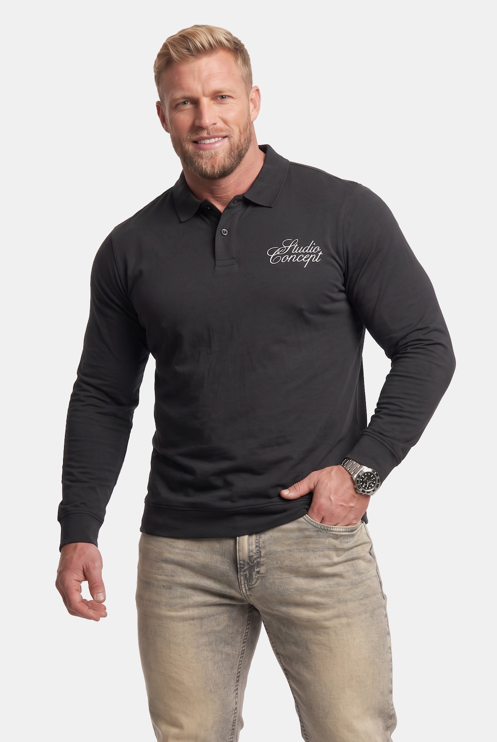 Men+ langermet poloskjorte, romslig passform, trykk, opptil størrelse 8XL