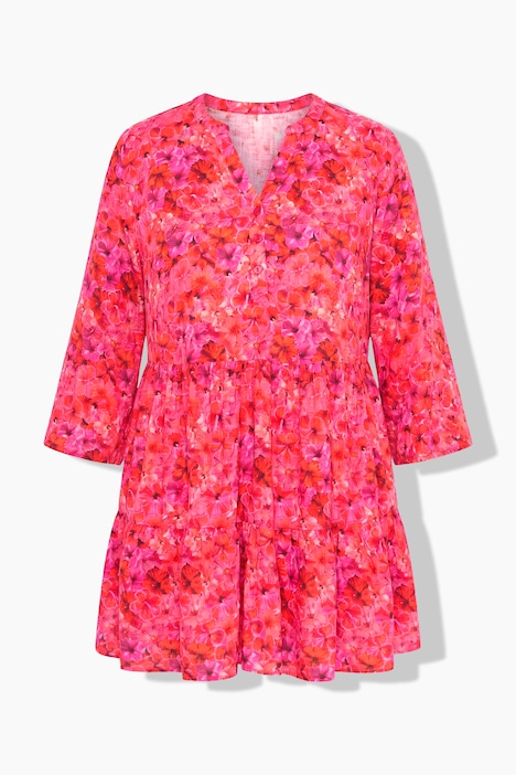 Bluse, A-Linie, Blumen-Muster, 3/4-Ärmel, Volants