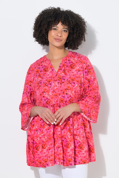 Bluse, A-Linie, Blumen-Muster, 3/4-Ärmel, Volants