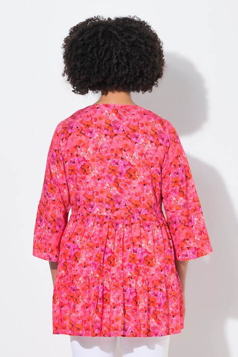Bluse, A-Linie, Blumen-Muster, 3/4-Ärmel, Volants