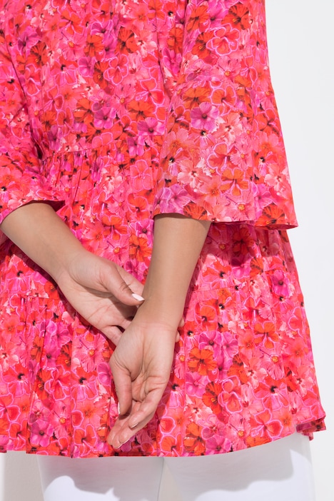 Bluse, A-Linie, Blumen-Muster, 3/4-Ärmel, Volants