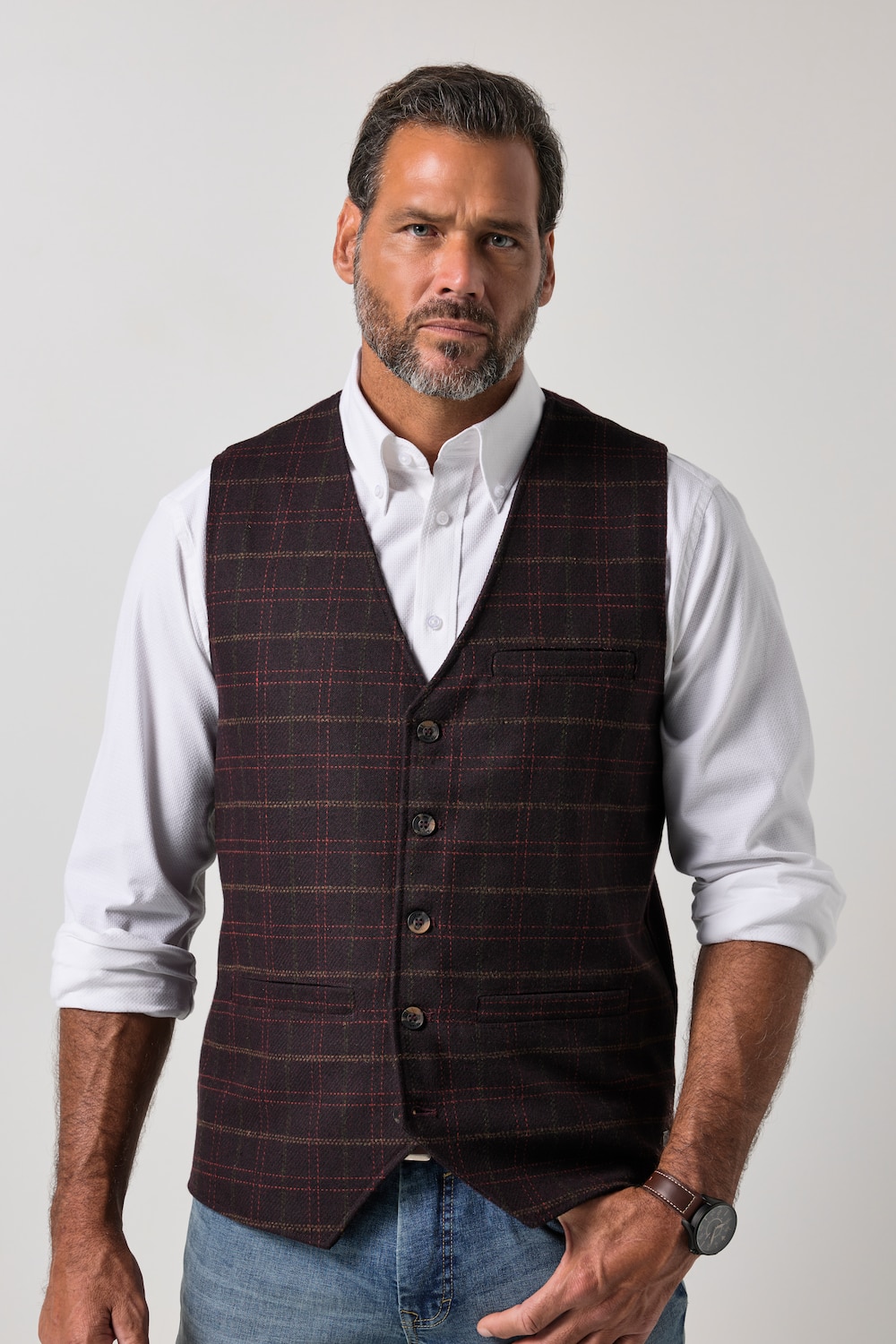 Tweedweste, Karo, Wollmix, Revers, bis 8 XL