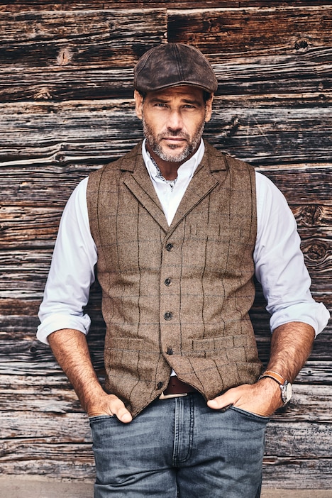 Gilet en tweed motif à carreaux, laine mélangée et col à revers, finition FLEXNAMIC® - jusqu'au 8 XL