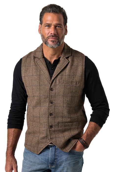 Tvídová vesta FLEXNAMIC®, kostkovaná, vlněná směs, klopy, do vel. 8XL