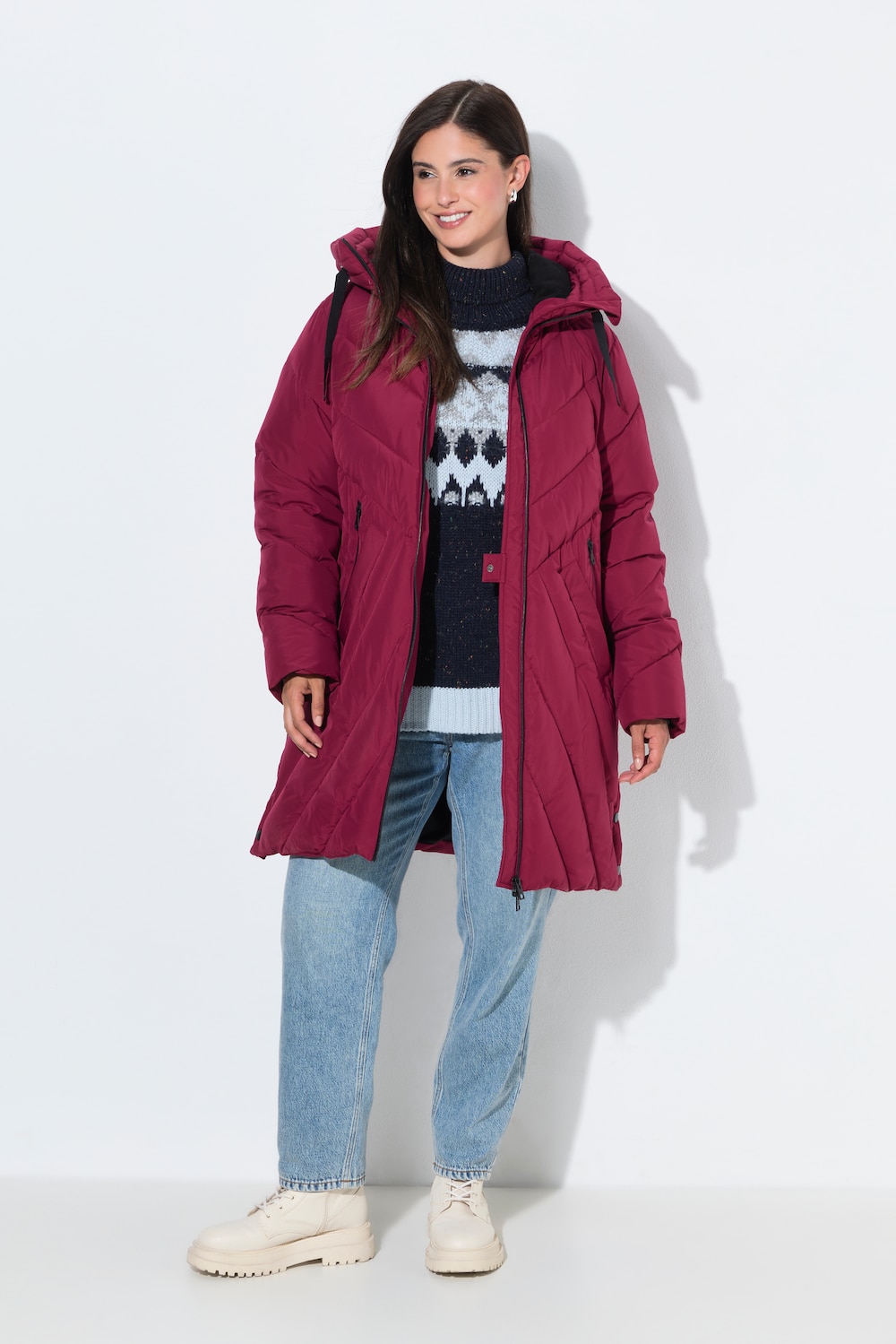 HYPRAR Long-Steppjacke, Kapuze, 2-Wege-Zipper, Windfang