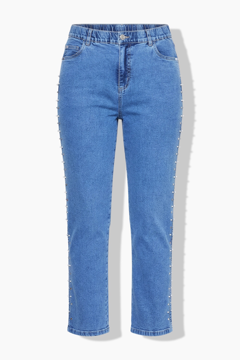 Stora storlekar Mom jeans med dekorativa pärlor och 5 fickor, Dam, blå, storlek: 46, Bomull, Studio Untold