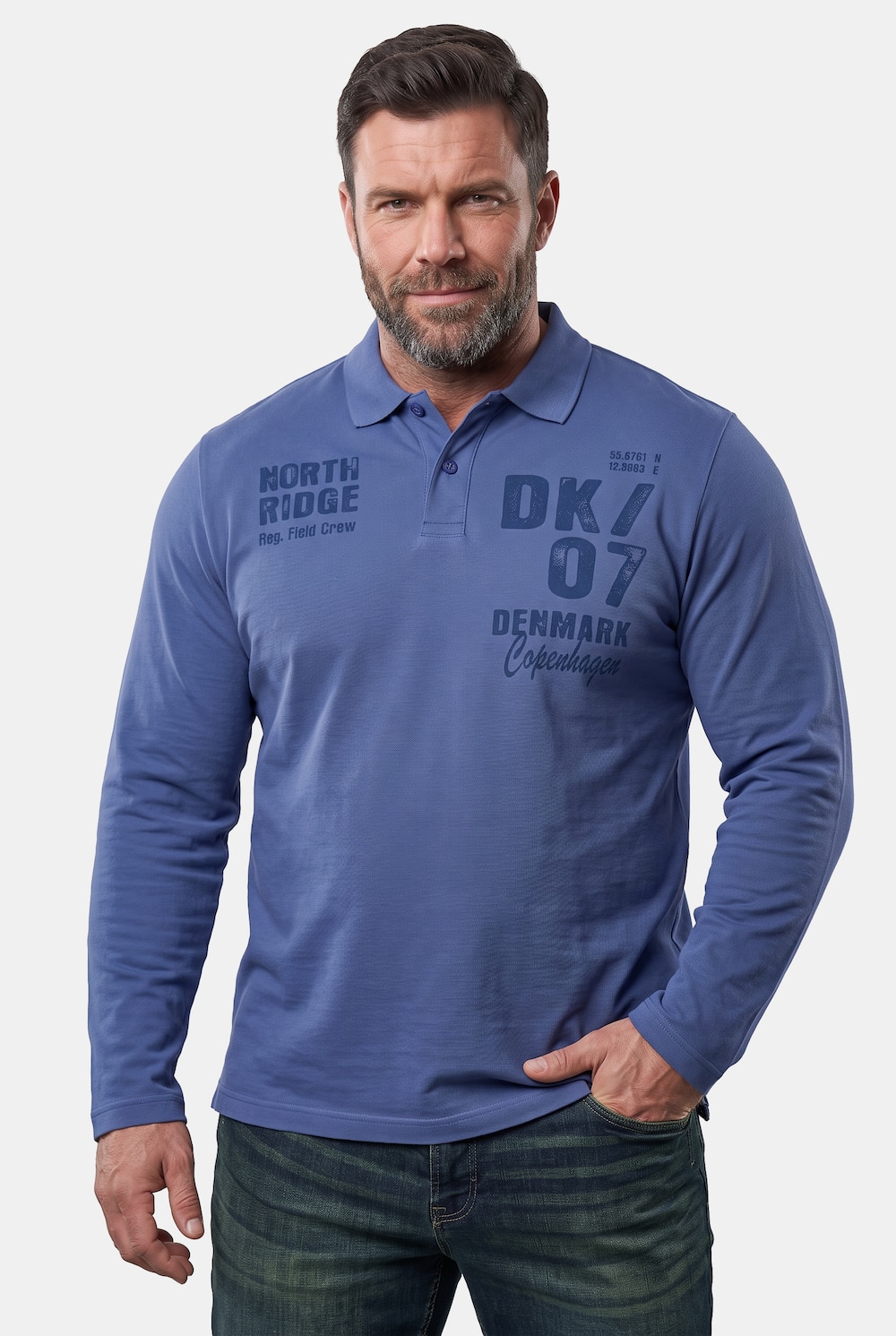 Men+ langermet poloskjorte, romslig passform, trykk, opptil 8XL