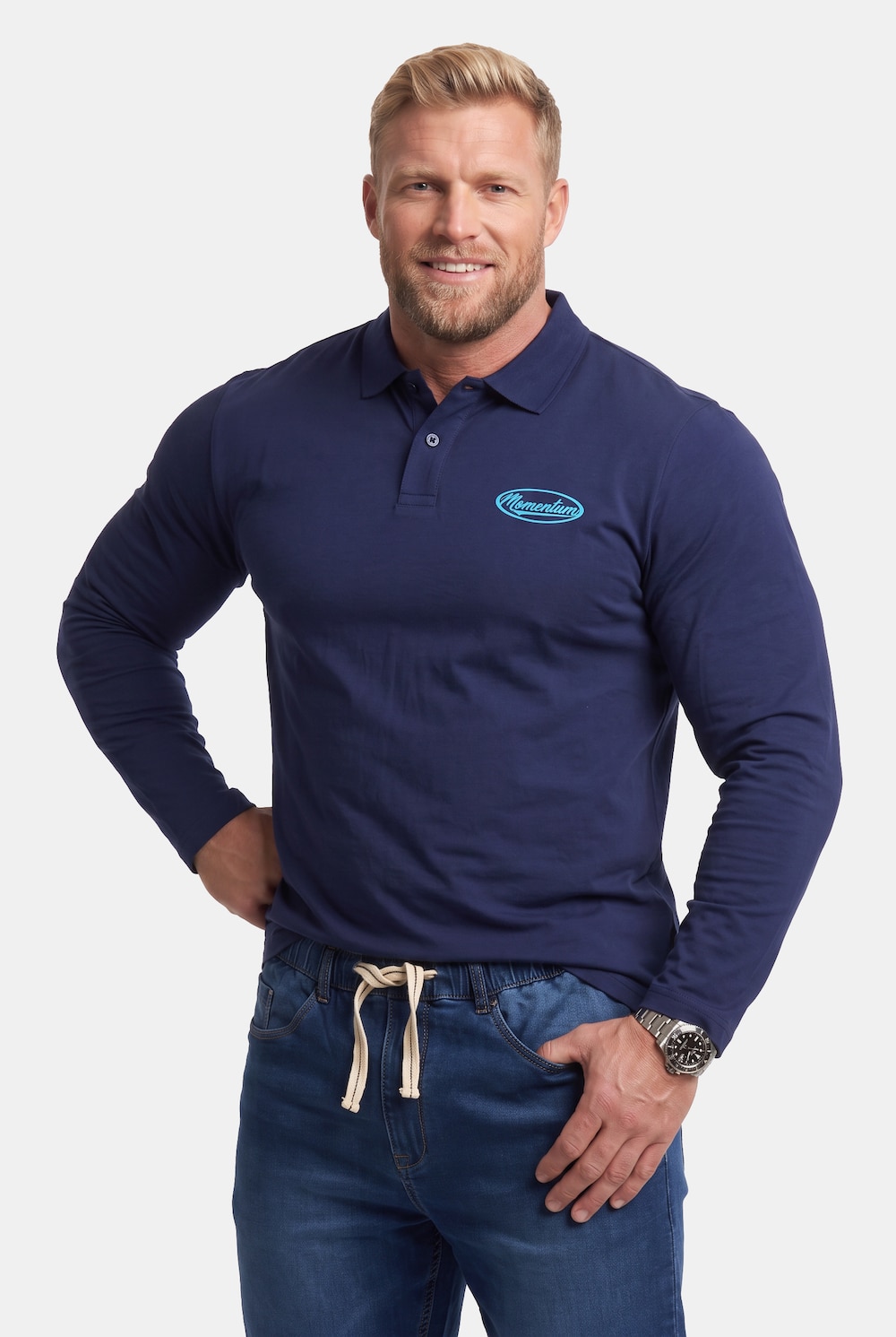 Men+ langermet poloskjorte, romslig passform, trykk, opptil 8XL