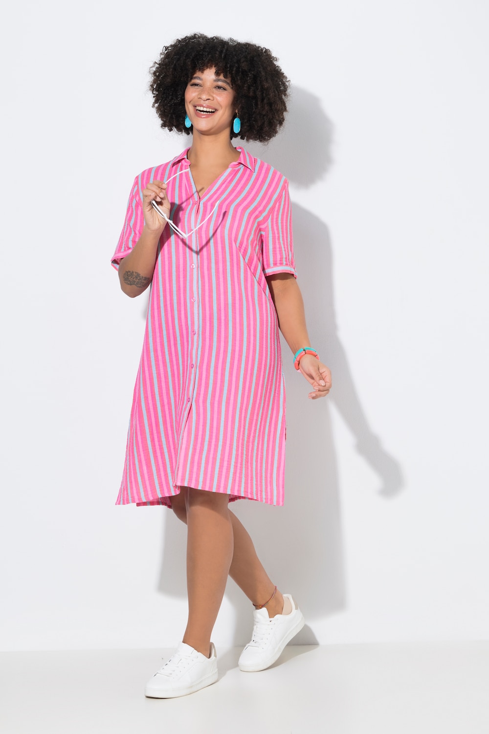 Hemdblusenkleid, Midilänge, Musselin, Streifen