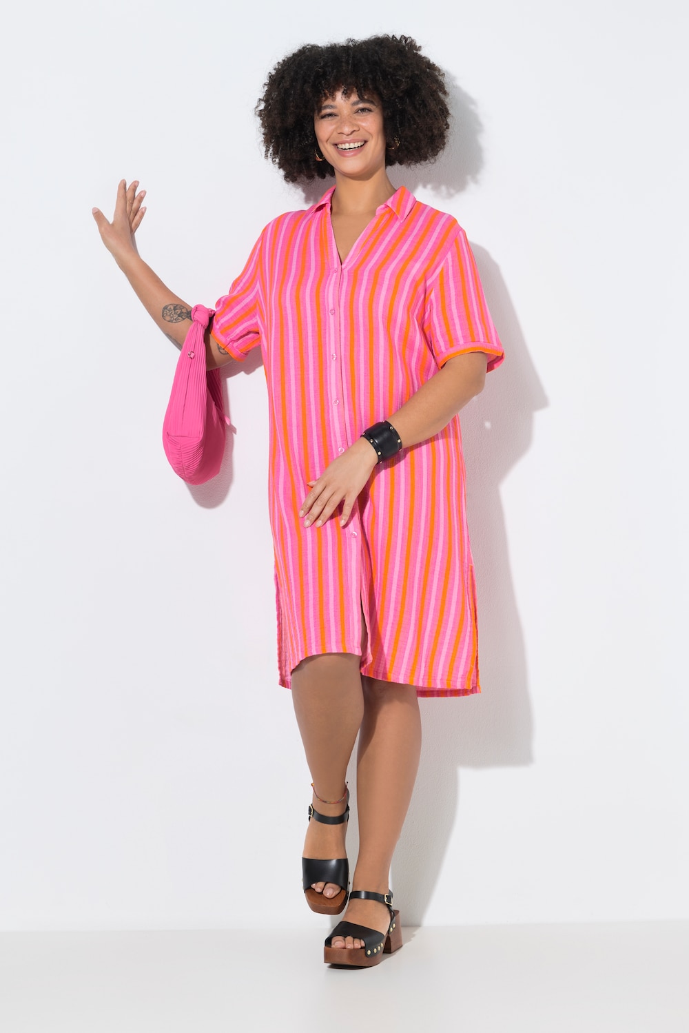 Hemdblusenkleid, Midilänge, Musselin, Streifen