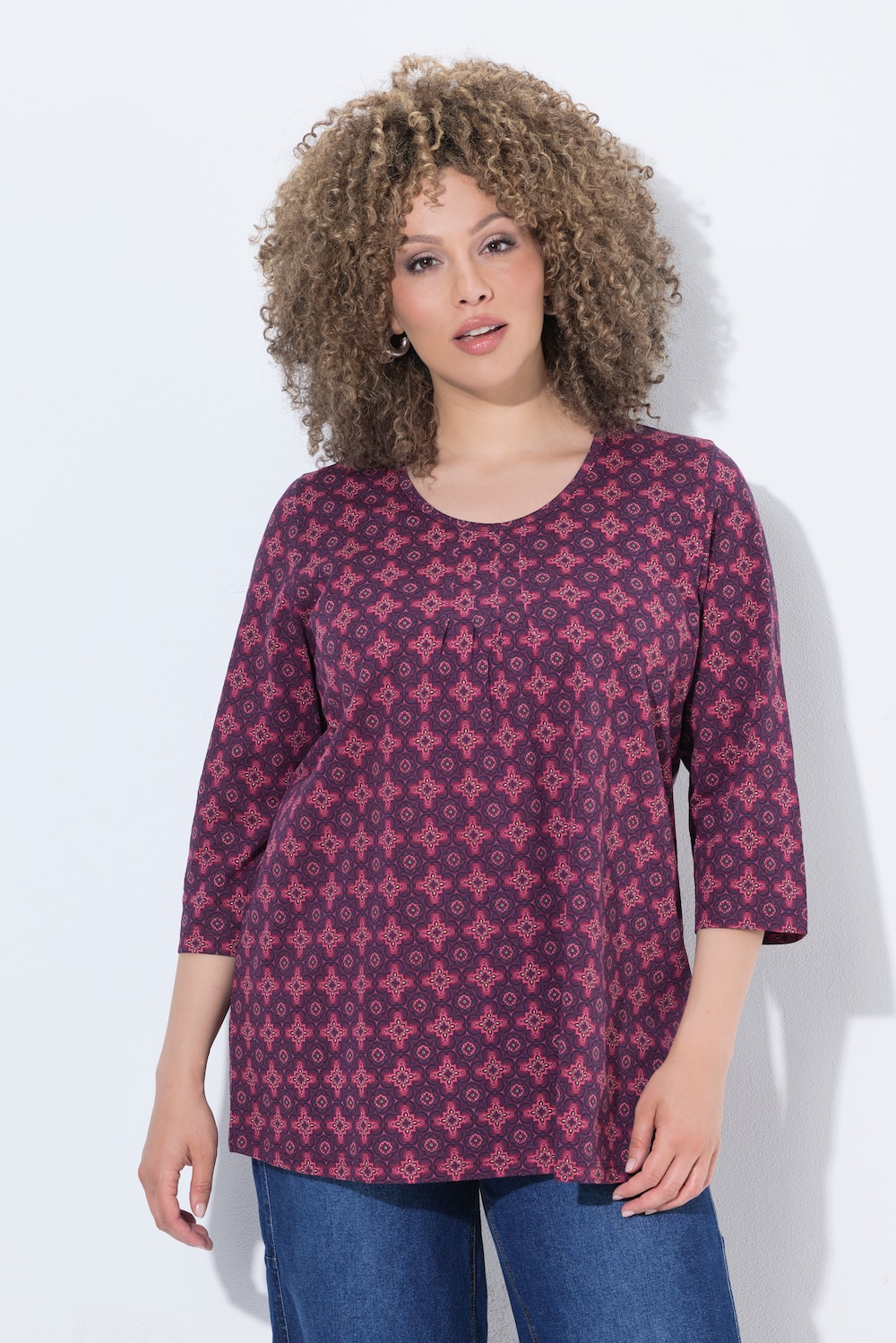Shirt, Zierfalten, A-Linie, V-Ausschnitt, 3/4-Arm