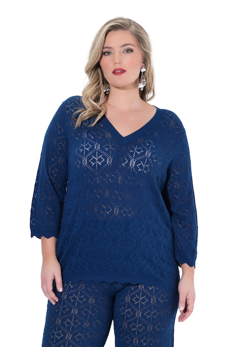 Svetr, ažurový úplet, V výstřih, 3/4 rukáv