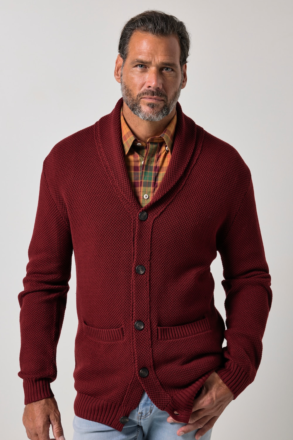 Cardigan, strukturstrik, sjalskrave, til 7 XL