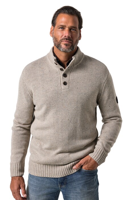 Pletený svetr se stojáčkem, límec s knoflíky, nášivka na rukávu, až do vel. 7XL