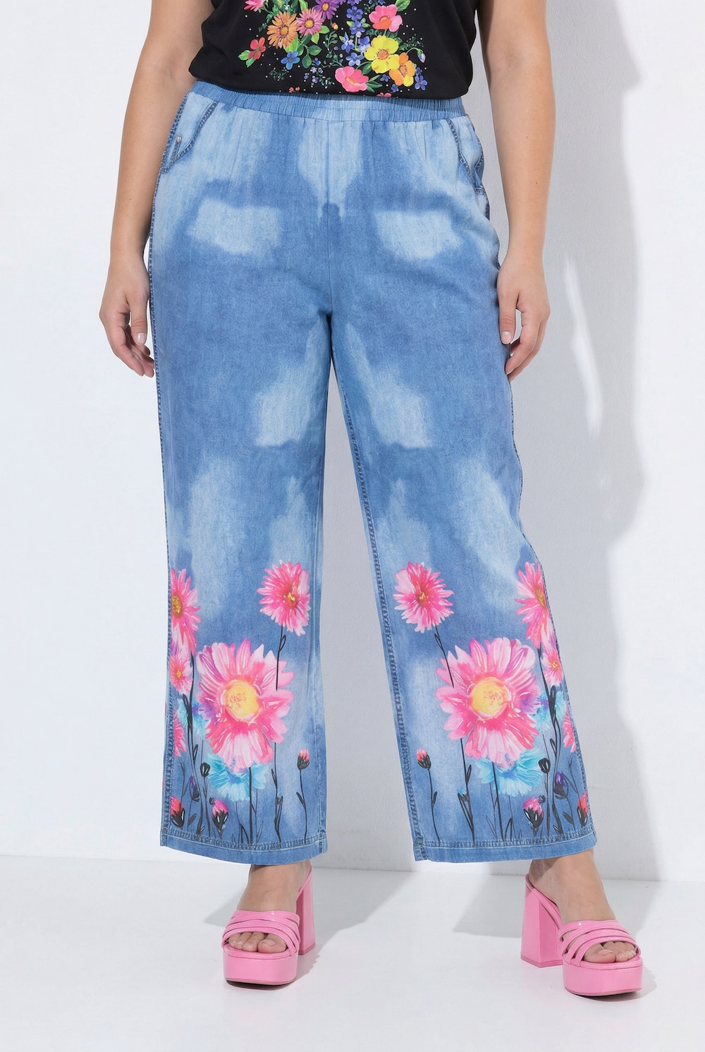 Culotte, weites, gerades Bein, Denimoptik, Blumenprint