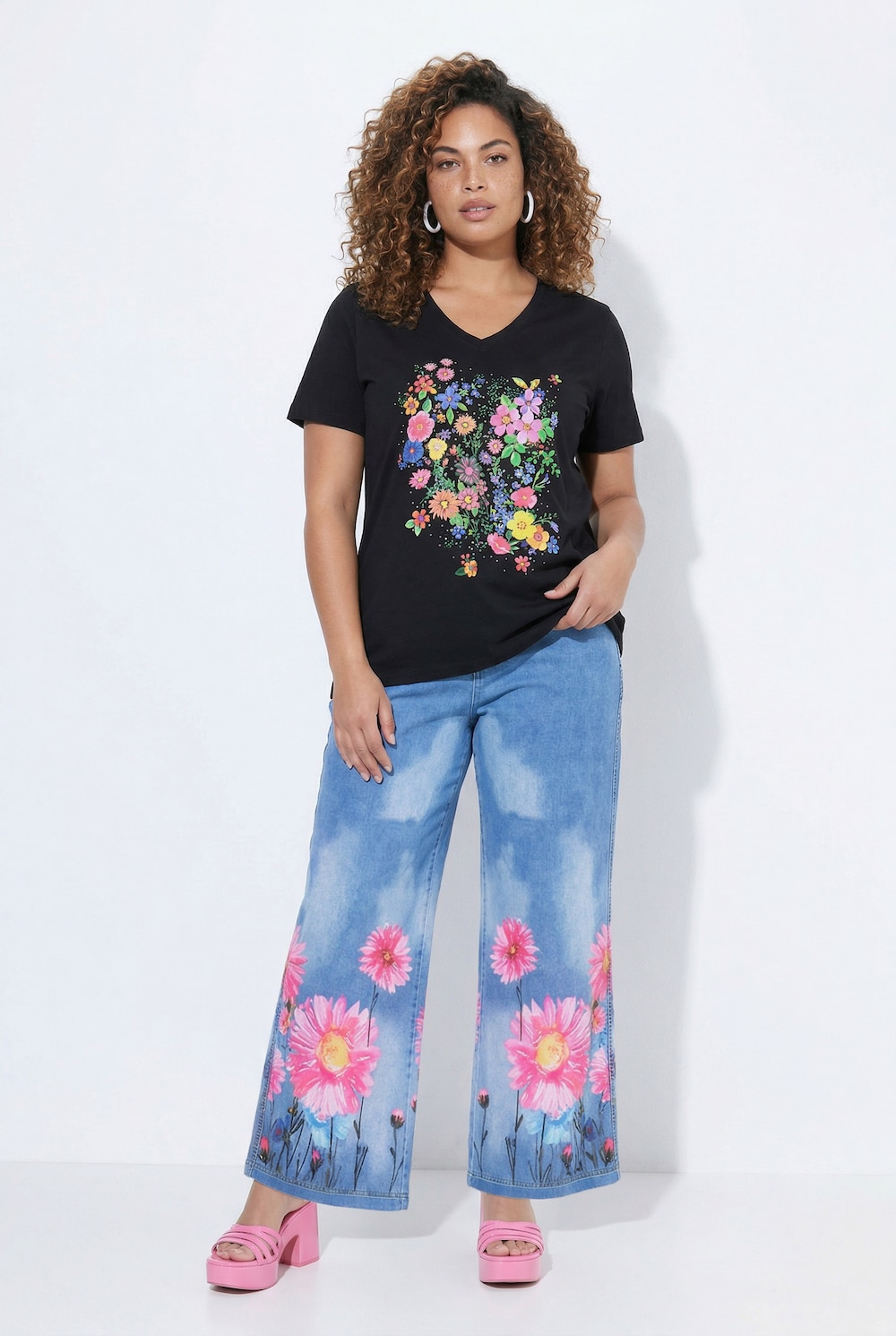 Culotte, weites, gerades Bein, Denimoptik, Blumenprint