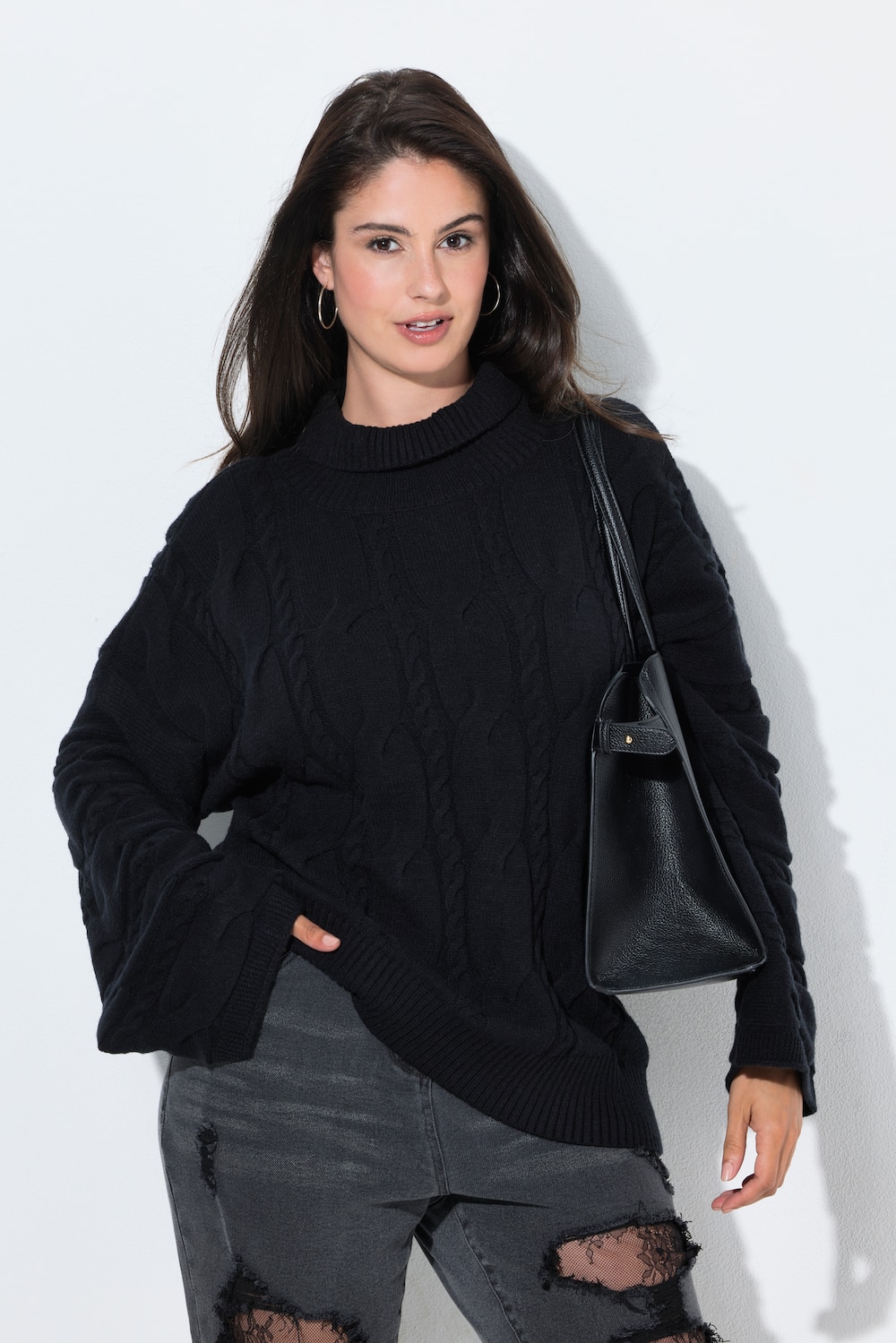 Pullover, Zopfmuster, Oversized, Rollkragen, Langarm