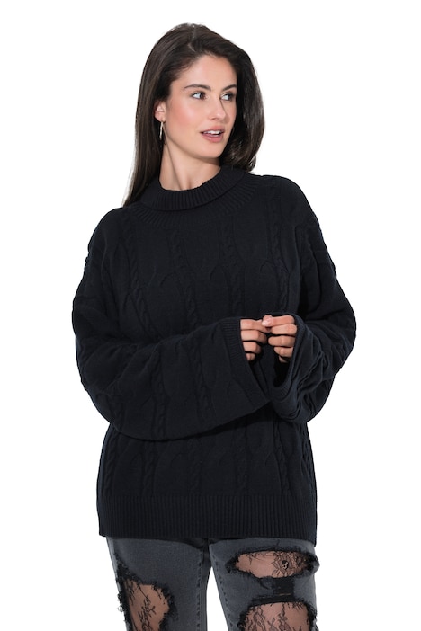 Pullover, Zopfmuster, Oversized, Rollkragen, Langarm
