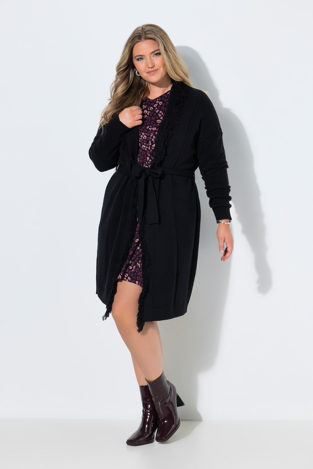 Long-Strickjacke, Fransen, Oversized, Schalkragen, Langarm