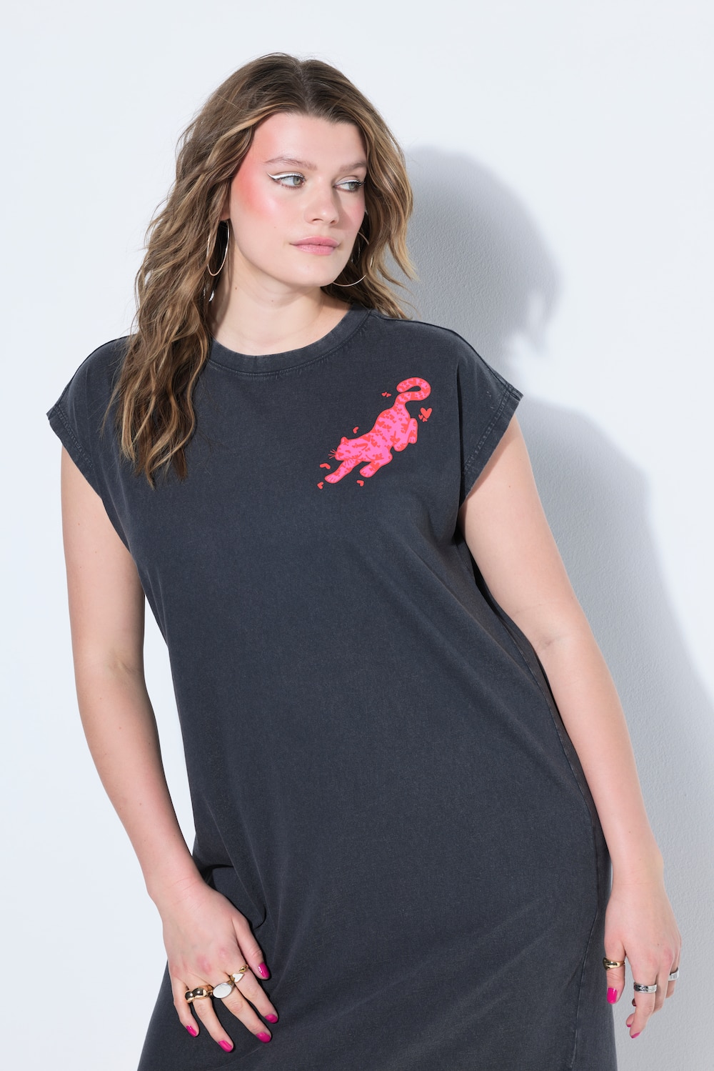 Midi-Jerseykleid, straight oversized, Acid Wash, Print